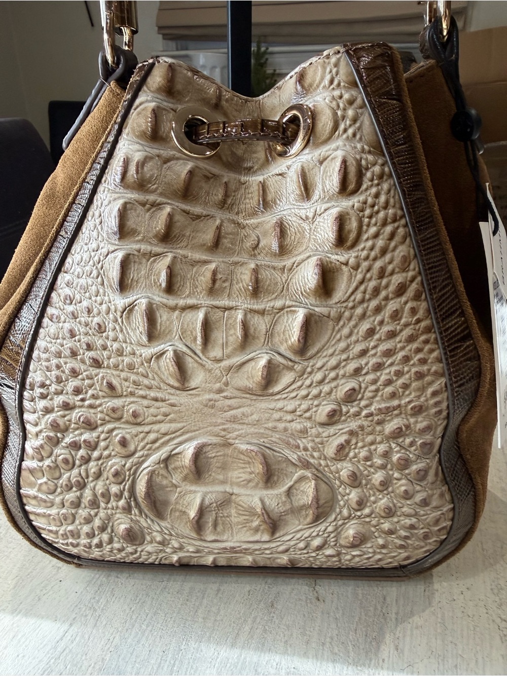 Brahmin Melinda Taupe Ensemble Brown Suede & Cream Drawstring Bucket Crossbody - Picture 7 of 14